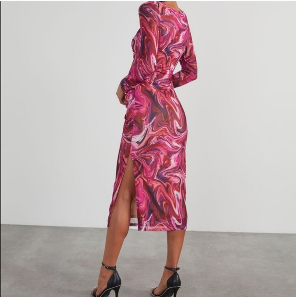 NWT VICI x ACOA Marble Print Mesh Cutout Midi Dress Red Pink Small - Picture 5 of 12